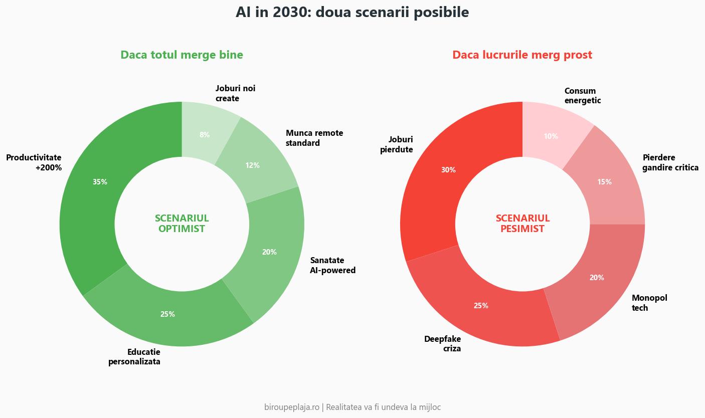 Infografic doua scenarii AI 2030 optimist vs pesimist